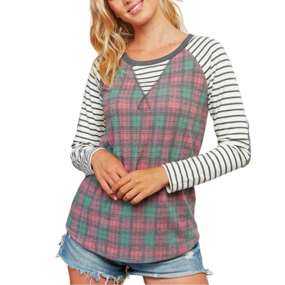 NEW 7th Ray Plaid and Stripe Elbow Pad Raglan Top
